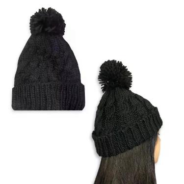 Imagem de Touca De Frio Com Pompom Preta Gorro De Lã Tricot Inverno - REDSTAR