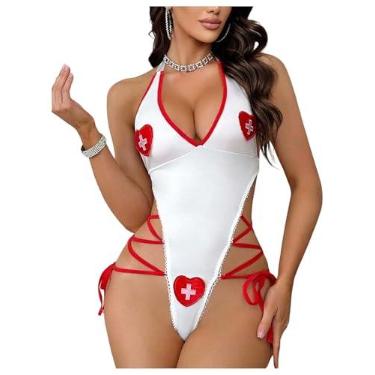 Imagem de WDIRARA Conjunto de lingerie feminina de 2 peças, roupa de enfermeira, cosplay, conjunto de lingerie de malha transparente, frente única, body de pelúcia, Branco completo, X-Large