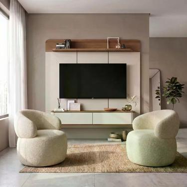 Imagem de Conjunto Sala Painel Suspenso Concept com 2 Prateleiras 180cm Bege MDP MDF e Tecido Boucle Italiano Home Design