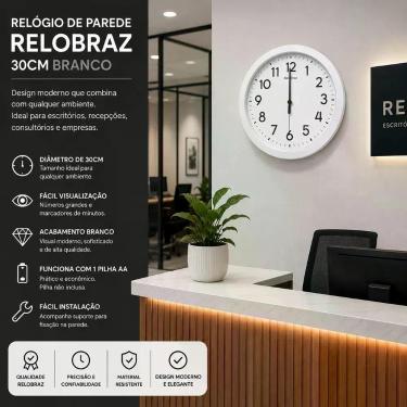 Imagem de Relógio de Parede Relobraz 30cm com Números Grandes Prata e Branco 30CM