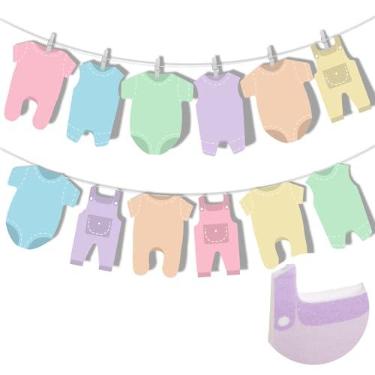 Imagem de Solsew Macaron Guirlanda de feltro para chá de bebê neutro, 12 peças, body, varal, faixa, roupa de chá de bebê, decorações de guirlanda para gênero, revelação de boas-vindas, artigos de festa de