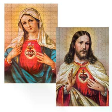 Imagem de Kit 2 Quebra-cabeça Religiosos Sagrado Coração de Jesus e Maria de 60 Peças para Memória e Concentração Coleção Tea