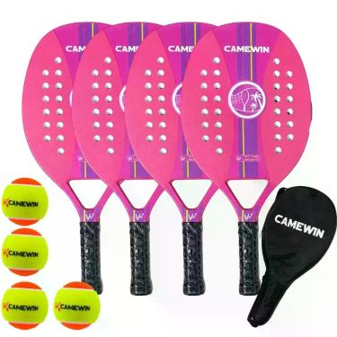 Imagem de Kit 4 Raquetes Beach Tennis Camewin Carbono + 4 Bolinhas, Rosa