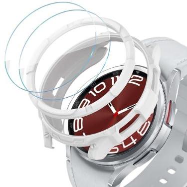 Imagem de DEALELE [Pacote com 2 + 2] Capa compatível com Samsung Galaxy Watch 6 Classic 43 mm/47 mm, capa protetora de PC + anel de bisel de três provas, 2 películas protetoras de tela de vidro temperado,