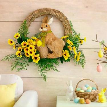 Imagem de Guirlanda de Páscoa Coelho com Cestinho 35cm para Porta e Parede Decorativa Marrom