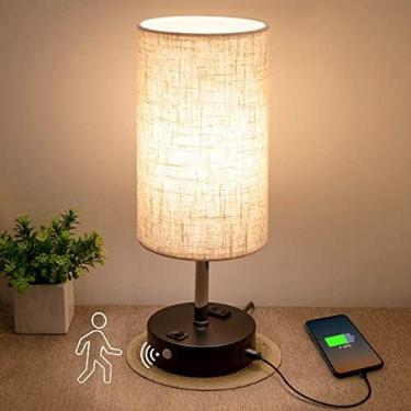 Imagem de lifeholder Abajur de mesa com sensor de movimento e constante no modo, lâmpada USB inclui lâmpada branca quente, porta USB embutida e tomada AC, ideia de lâmpada de cabeceira para quarto creme retrô