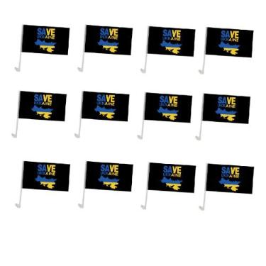 Imagem de NA Pacote com 12 bandeiras de carro Save Ukraine, Ucrânia 11,8 * 17,7 polegadas mini bandeira de carro com haste branca cor vívida resistente ao desbotamento