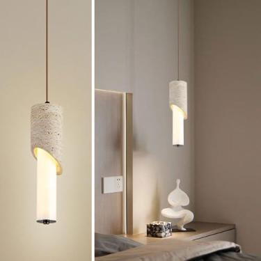 Imagem de WOSBO Luminária pendente travertino amarelo, luminária pendente Wabi Sabi de 30 cm com abajur de pedra de meio cilindro inclinado, luminária suspensa de concreto estilo nórdico para quarto, sala de