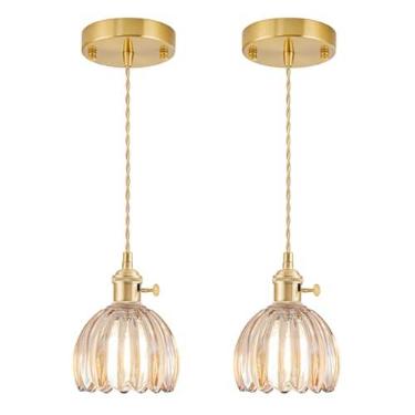 Imagem de GMTB Pacote com 2 mini luzes pendentes Kitchen Island, luminária pequena ajustável com abajur de vidro tulipa âmbar, iluminação pendente dourada vintage, luminária pendente para quarto, sala de jantar
