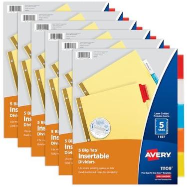 Imagem de Divisórias de fichário Avery 11109 com 5 abas, multicolorido, kit com 6