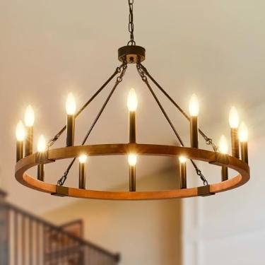 Imagem de VBKK Lustre De Madeira Maciça 32'' Com Rodas Carroça, Fazenda 12 Lâmpadas Para Sala Jantar, Luminárias Rústicas Redondas Hall Entrada, Estar, Cozinha, Ilha, E12