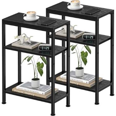 Imagem de Homedawn Conjunto de 2 mesas laterais estreitas para espaços pequenos, mesa de canto fina de 3 níveis, mesa de cabeceira fina, mesa de sofá para sofá, mesa de cabeceira na sala de estar, quarto