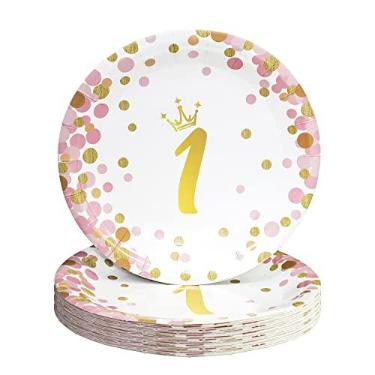 Imagem de Pandecor 50 pratos de sobremesa de papel de 1º aniversário, pratos descartáveis de bolo de 18 cm para bebê menina de um ano de aniversário
