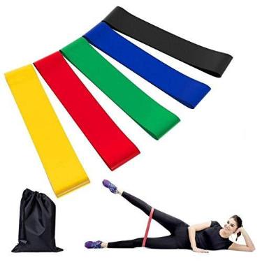 Imagem de Kit 5 Mini Bands Faixa Elástica Diferentes Resistências Funcional Pilates Yoga Fitness Com Bolsa