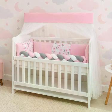 Imagem de Mini Berço Conjunto Protetor Lateral Trança Menina Nuvem Lua Rosa 6 pe