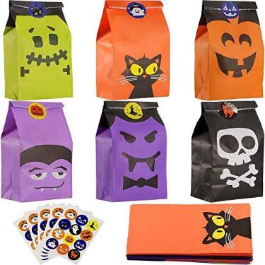 Imagem de 60 peças de sacolas de doces de Halloween brindes de festa, com 60 peças de adesivos de Halloween, sacos de doces de Halloween para crianças para doces ou travessuras, mini sacolas de presente de papel para petiscos e lanches suprimentos de festa