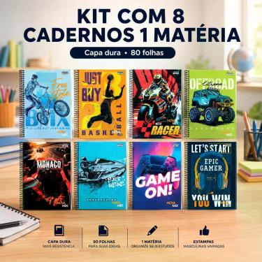 Imagem de Kit Com 8 Cadernos Escolar 1 Matéria Capa Dura Masculino - Nova Mix