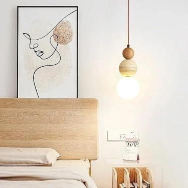Imagem de Luminária pendente estilo creme para quarto, cabeceira, lustre LED, pedra e madeira, design Bauhaus medieval, para restaurante ou bar.