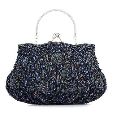 Imagem de VISTATROY Bolsa de noite de designer floral com lantejoulas com design vintage para beijos de cetim bolsa clutch para festa de casamento, Azul, One Size