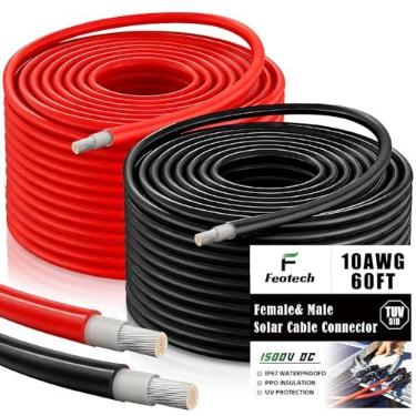 Imagem de Feotech Cabo de extensão solar Twin Wire 60FT - 10AWG (6mm²) Fio de cobre estanhado para uso externo, automotivo, RV, barco e marítimo - preto e vermelho