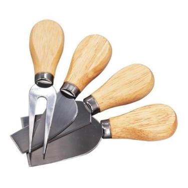 Imagem de Jg Faca Queijo 4pc Cabo Madeira | Utensílios para cortar e servir queijos, com partes em madeira e aço inox