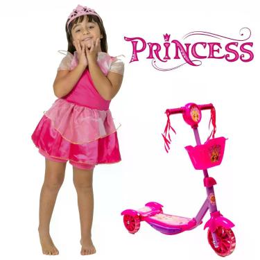 Imagem de Kit Patinete Rosa de Cesta Luz Gira o Guidão + Fantasia - DM Toys