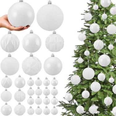 Imagem de Soulchen Conjunto de 46 bolas de Natal brancas para pendurar em árvore de Natal com 6 estilos em 4 tamanhos, enfeites de plástico para decoração de festa de guirlanda de árvore de Natal