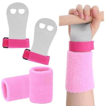 Imagem de MBAIYO 2 conjuntos de pulseiras de ginástica, alças de ginástica rosa com suporte de pulso para crianças, proteção da palma da mão para barras de ginástica, exercícios e exercícios