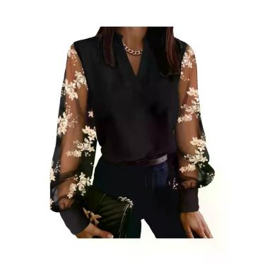 Imagem de Blusa Feminina Transparente De Renda Com Manga Longa E Decote Em V, El
