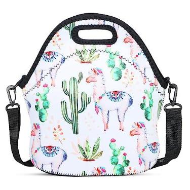 Imagem de Bolsa de almoço de neoprene isolada Violet Mist com alça de ombro térmica para uso ao ar livre, piquenique, grande capacidade para viagem, bolsa de mão, lancheira, Cactus Alpaca 1