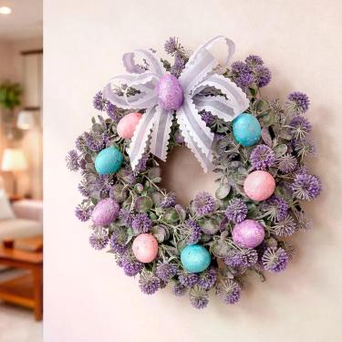 Imagem de Guirlanda Decorativa de Páscoa com Ovinhos Artificiais para Portas e Paredes 30cm Roxo