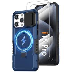 Capa de celular para iPhone 15 Pro, com suporte de anel magnético [2 protetores de tela de vidro] [compatível com MagSafe] Capa de grau militar com capa para câmera, capa à prova de choque para iPhone