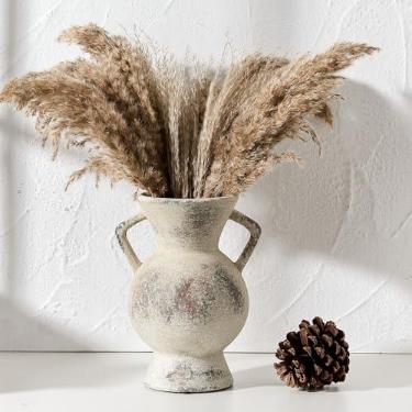 Imagem de LUKA Vaso de cerâmica antigo com 2 alças, vaso rústico de 23,5 cm, decoração minimalista, vasos decorativos para decoração de casa, mesa, sala de estar, prateleira, decoração de Natal (grande, cinza)