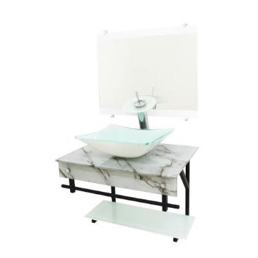 Imagem de Gabinete de Vidro para Banheiro 50x40cm com Cuba Quadrada, Espelho e Válvula Click (Mármora Branco)