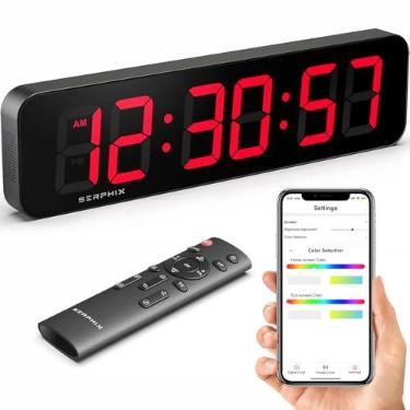 Imagem de SERPHIX Relógio de parede digital grande de 38,5 cm com segundos, aplicativo e controle remoto, cores RGB personalizáveis, alarmes, cronômetro, contagem regressiva, relógio temporizador para casa,