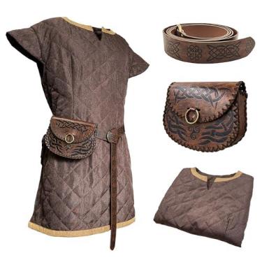 Imagem de HiiFeuer Túnica de traje medieval, com cinto e bolsa vintage, armadura corporal de cavaleiro mercenário, conjunto de cosplay renascentista LARP para Ren Faire Halloween (Marrom P)