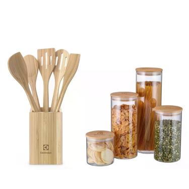 Imagem de Kit Utensílios de Bambu 6 Peças + Potes Herméticos Porta-Mantimentos com Tampa de Bambu Electrolux