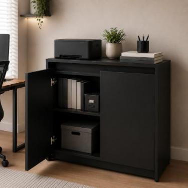 Imagem de Gabinete Armário Pequeno Multiuso para Home Office Escritório Duas Portas MDF Preto