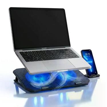 Imagem de Base Cooler para Notebook com Suporte para Celular com Ventoinhas LED Azul e Ajuste de Inclinação Cheguei BR