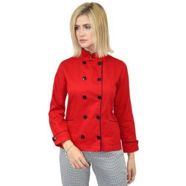 Imagem de Dolmã Chefe de Cozinha Feminina em Algodão Branco - DEMORGAN, Vermelho