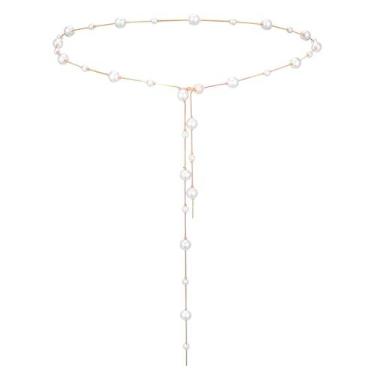 Imagem de Cinto de corrente de pérola para mulheres, corrente de cintura dourada e pérola, moda, plus size, corrente de ouro, corrente de pérolas, para vestidos, joias de praia e verão
