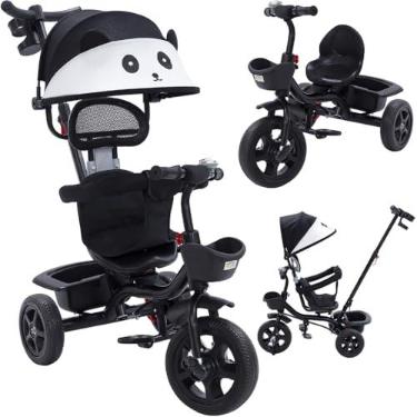 Imagem de Triciclo Carrinho de Passeio 2 em 1 Infantil Assento Giratório 360° com Capota Solar Porta Objetos até 50kg Haste Empurrador Cestos e Rodas de EVA INMETRO (Preto)