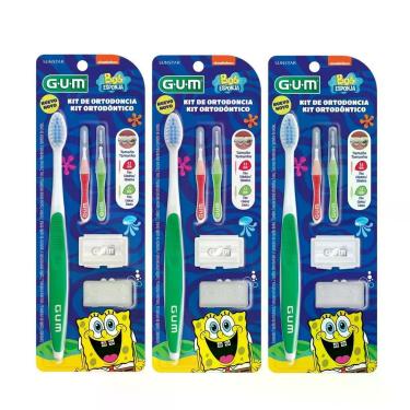 Imagem de Kit Escova de Dente Ortodôntico Gum Bob Esponja para Cuidados com Aparelho Fixo com Acessórios Kit com 3 Unidades