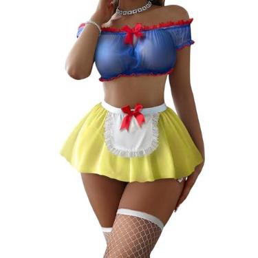 Imagem de Foxiny Conjunto de 4 peças de lingerie de renda transparente de malha sexy com calcinha fio dental, Azul royal, amarelo, Small