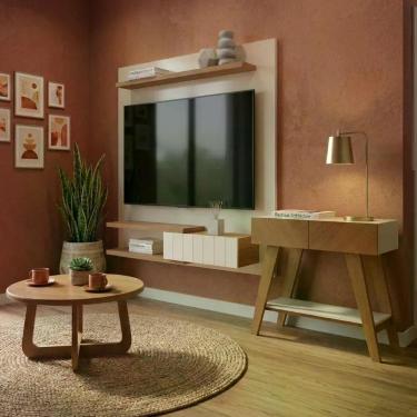 Imagem de Conjunto Sala de Estar Monza com Painel para Tv Aparador 3 Portas 4 Prateleiras em Mdf e Mdp 135cm Off White Dkadidecor