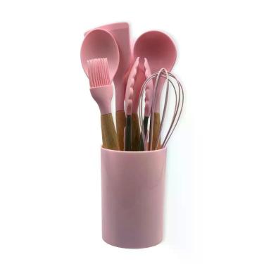 Imagem de Conjunto de Utensílios 8 Peças Silicone com Cabos de Madeira Resistente e Durável para Uso Doméstico Rosa