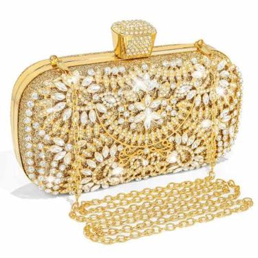 Imagem de Yokawe Bolsa clutch de strass para mulheres, bolsa noturna dourada brilhante com alça de corrente, bolsa de formatura de casamento, compacta 18,2 cm x 11,4 cm, Dourado, 7.5*2.4*4.9inch