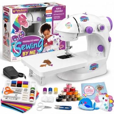 Imagem de Flying Banana Mini máquina de costura com mesa de extensão, máquina de costura elétrica portátil de dupla velocidade para iniciantes, kit de conserto doméstico pequeno com luz, pedal de pé, operado