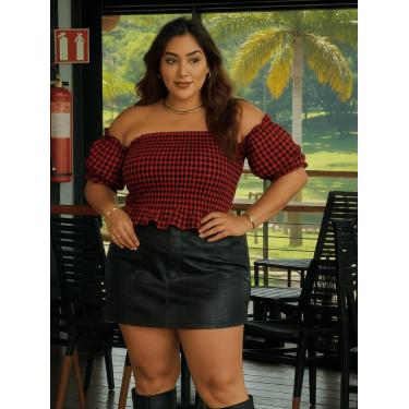 Imagem de Blusa Xadrez Plus Size Cropped Ciganinha Bata Soltinha Alça Regata Aju