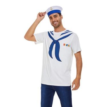 Imagem de Vegove Camiseta masculina engraçada marinheiro com chapéu, conjunto de camisetas com gola marinha 3D, roupas temáticas de iate de cruzeiros náuticos de Halloween (GG)